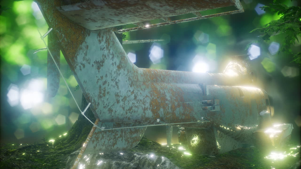 Rusting helicopter rests quietly among vibrant lush greenery at dusk
