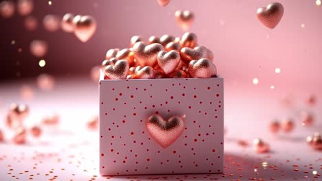 sparkling hearts gift box. a gift box of shimmering heart decorations rests on soft pink, ideal for romantic celebrations.