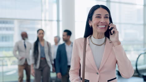 Phone-call,-smile-and-business-woman-at-airport