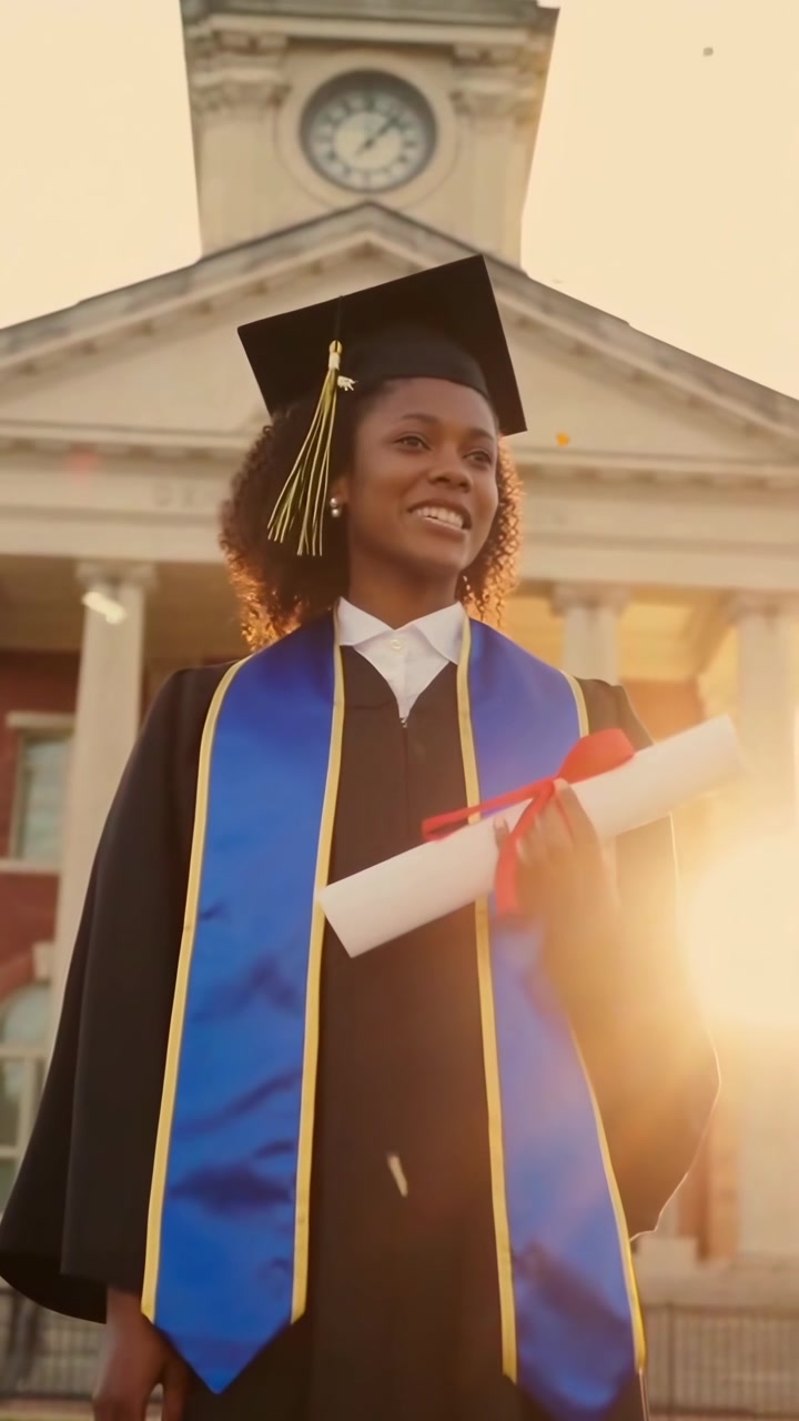 Happy Graduate Holding Diploma in Front of University Building