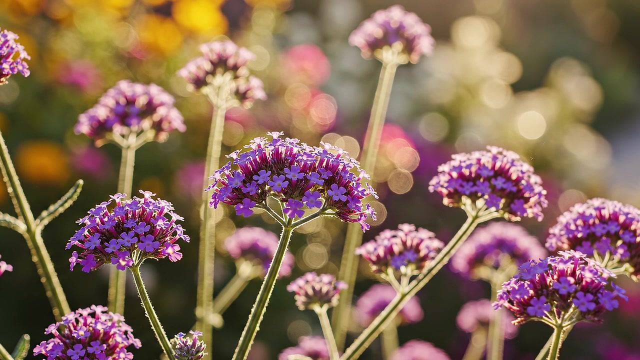 Lilla Verbena Bonariensis blomster i sollys under den gyldne time