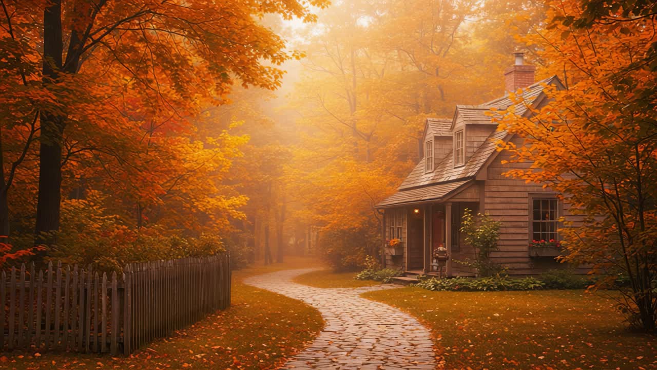 A Serene Autumn Scene: A Charming Cottage Surrounded by Vibrant Fall Foliage, Capturing the Essence of Nature's Transformation and Tranquility