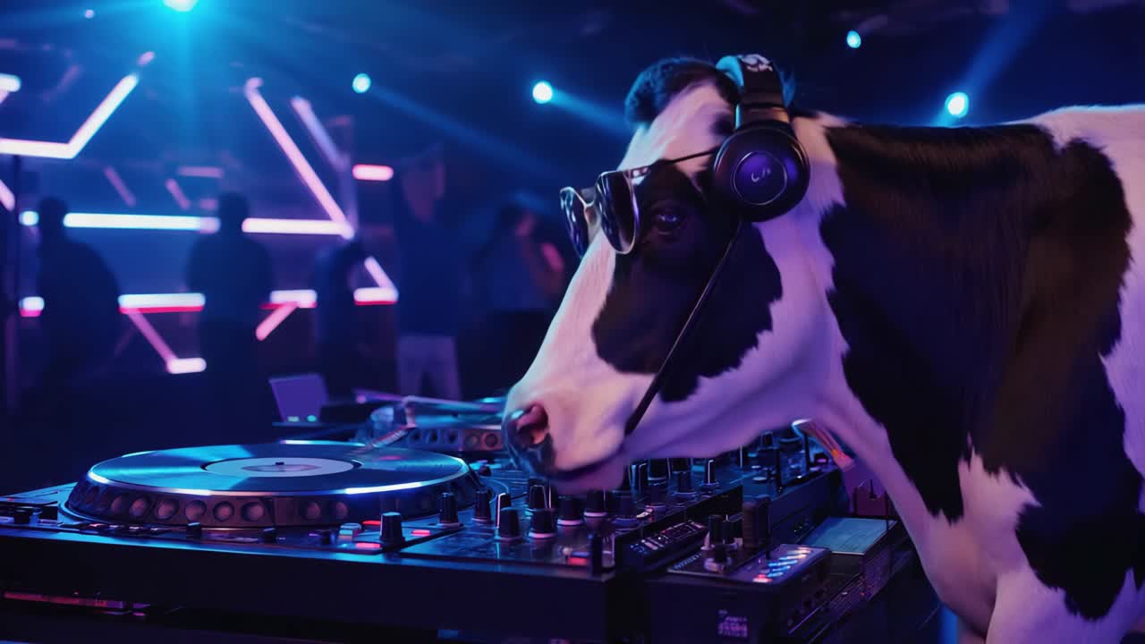 A cow acting as a DJ at a nightclub