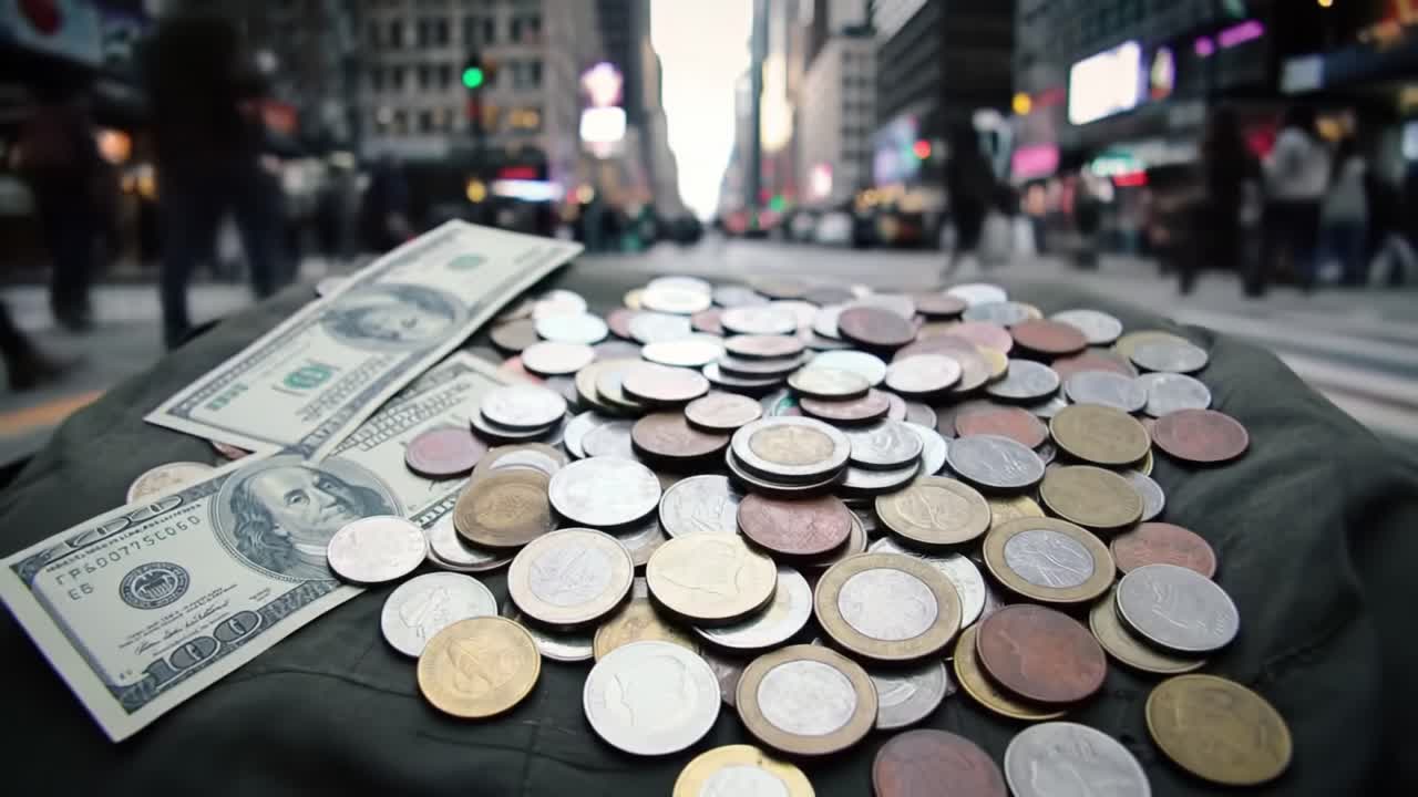 A hand counts coins placed on a cloth, with bills nearby, while bustling pedestrians move through a vibrant urban setting during daylight hours.