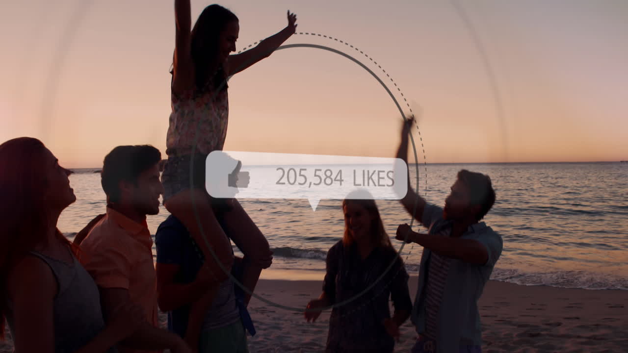 엄지 손가락을 위로 아이콘과 해변에서 친구 그룹에 대한 숫자를 증가하는 연설 거품