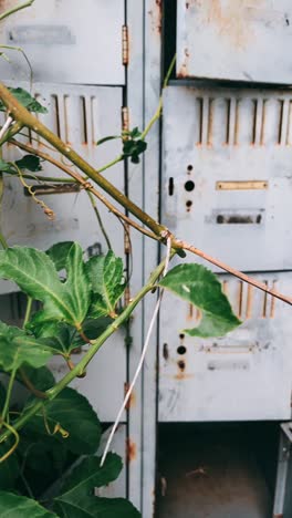 armarios abandonados cubiertos de vegetación