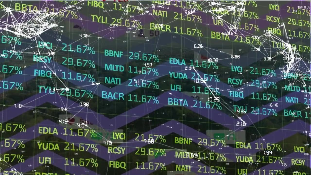Animation of financial data over connections and chevron pattern