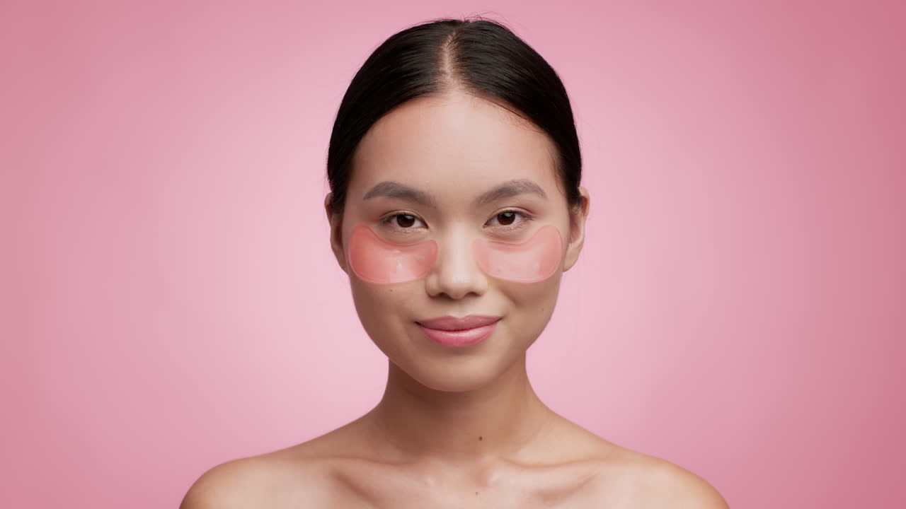 mujer joven aplicando parches oculares para el cuidado de la piel