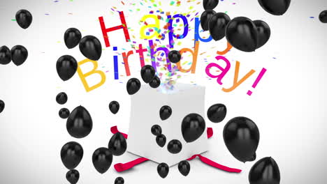 animación de texto de feliz cumpleaños sobre globos y presente sobre fondo blanco
