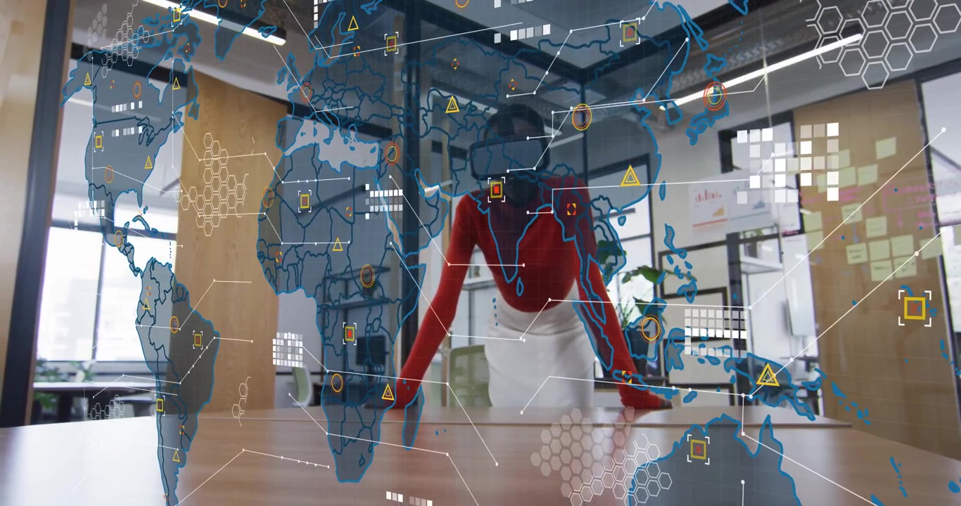 Woman wearing VR headset leaning on table pressing tabletop, activating 3D world map data icons