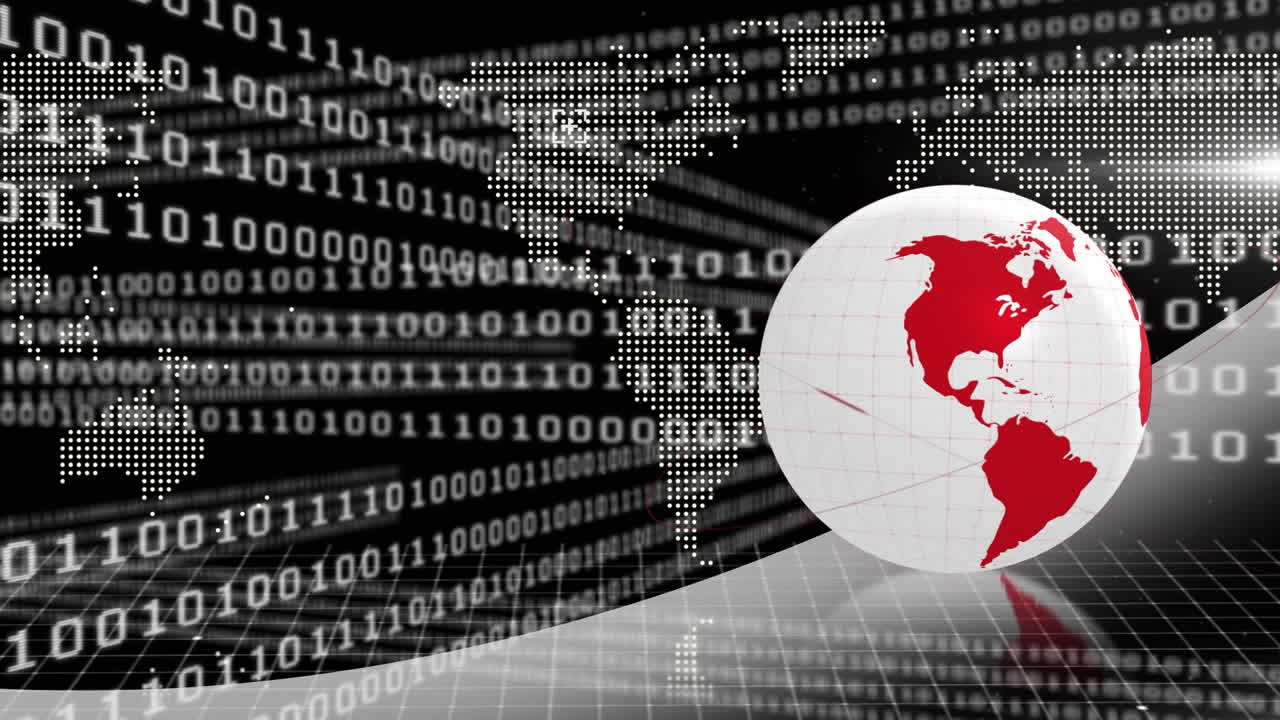 animación de un globo digital que gira sobre el mapa del mundo y códigos binarios que se mueven en bucle