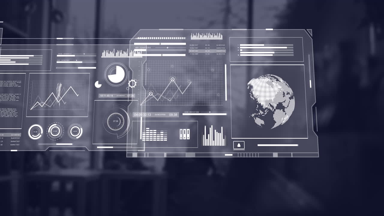 Animation of interface with data processing against man and woman near a window at office