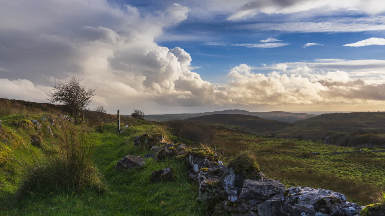 timelapse de la naturaleza rural tierras de cultivo con un solo árbol en primer plano junto a un muro de piedra durante la dramática noche soleada vista desde carrowkeel en el condado de sligo en irlanda
