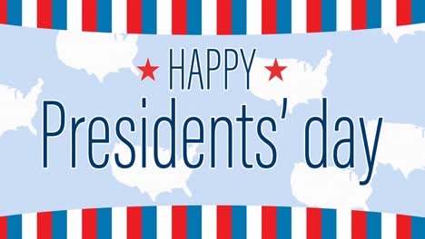 animation of happy president's day text with american stars and stripes, over white maps on blue