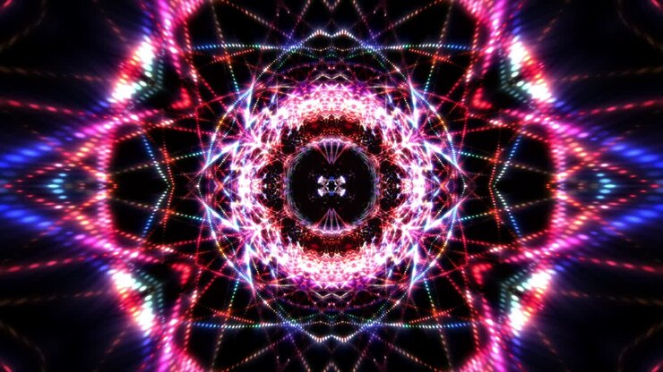 Abstract Glowing Colorful Neon Light Wave Symmetrical Motion Background. Looping futuristic kaleidoscope digital particles mesh abstract motion. For cyber technology intro BG, VJ loop, transition FX.