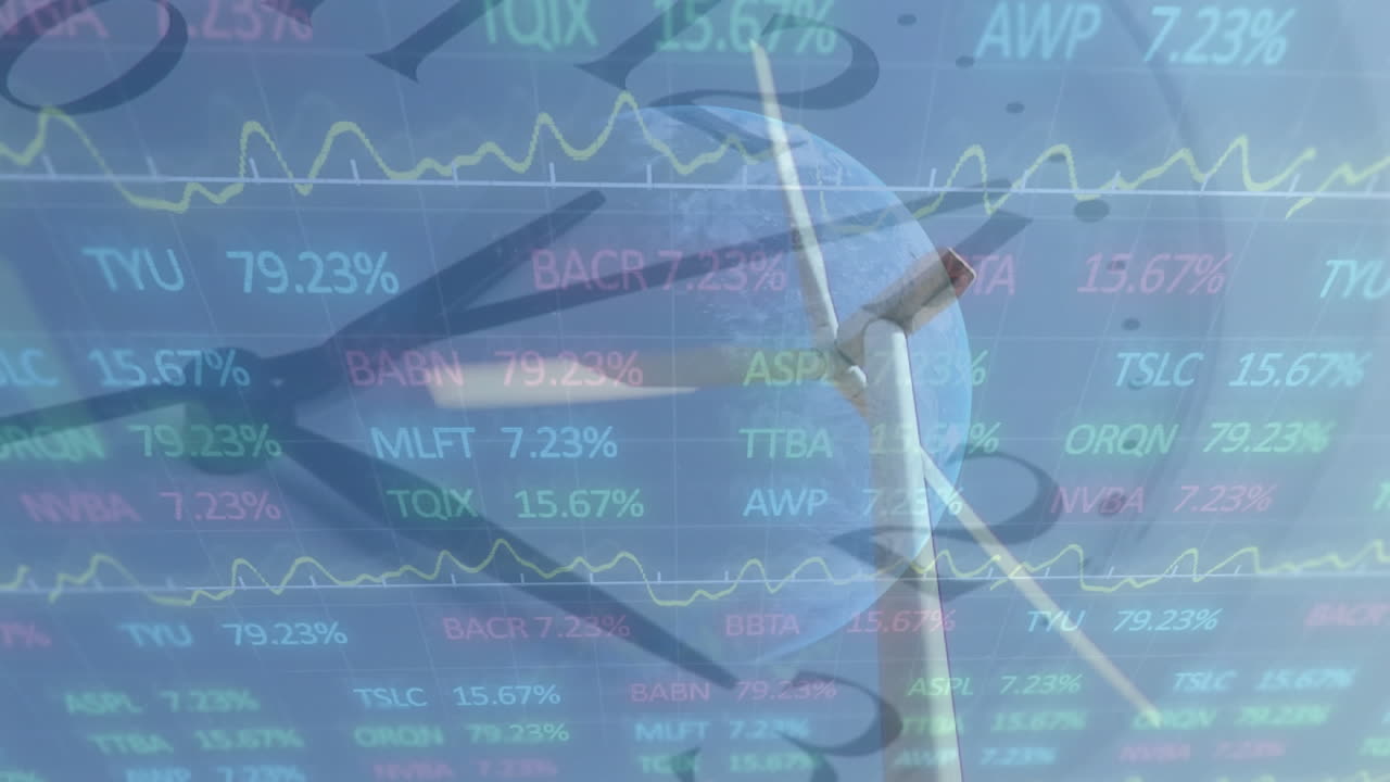 풍력 터빈이 시계를 돌리는 애니메이션과 배경에 있는 증권거래소 그래프