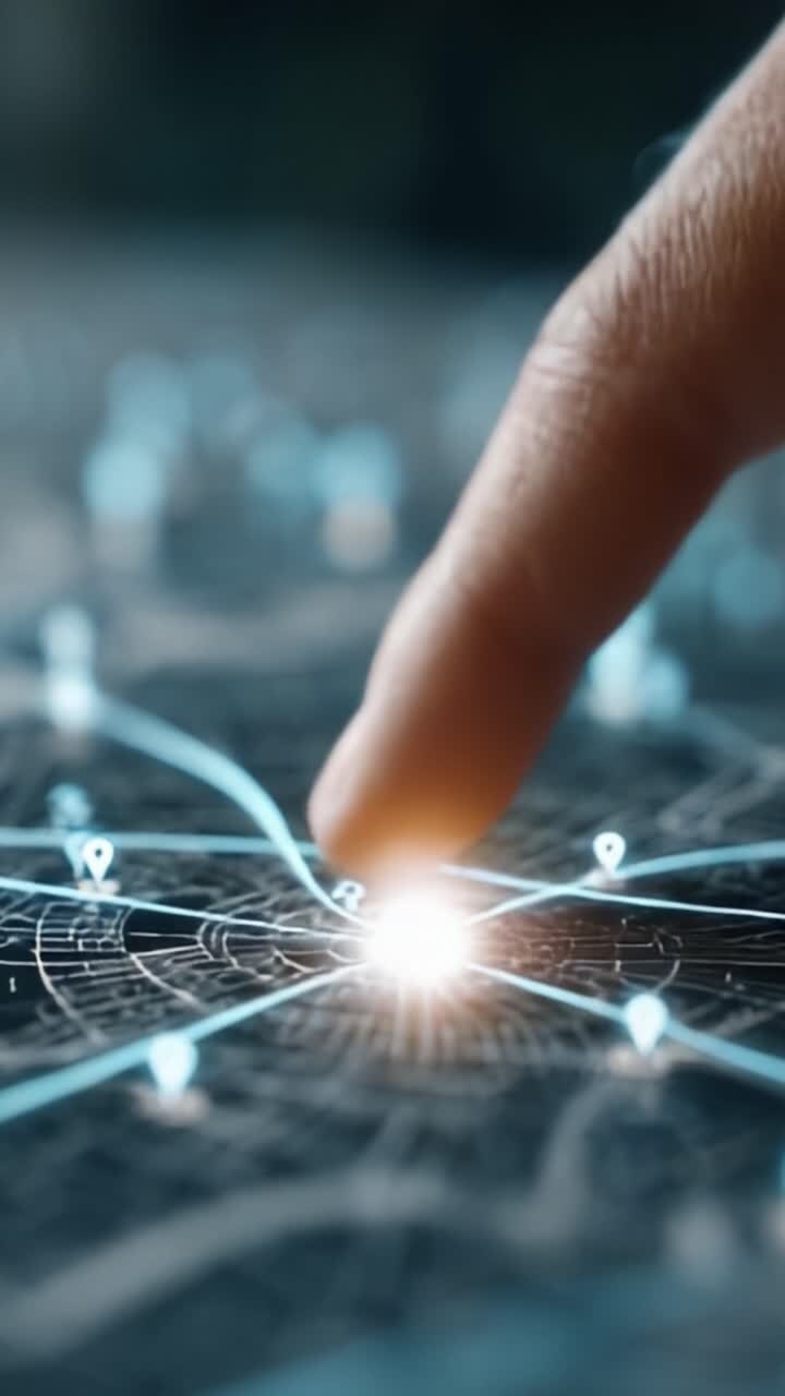 Zkoumání digitální navigace: Detail prstu s virtuální mapou zobrazující značky polohy a spojení cest.