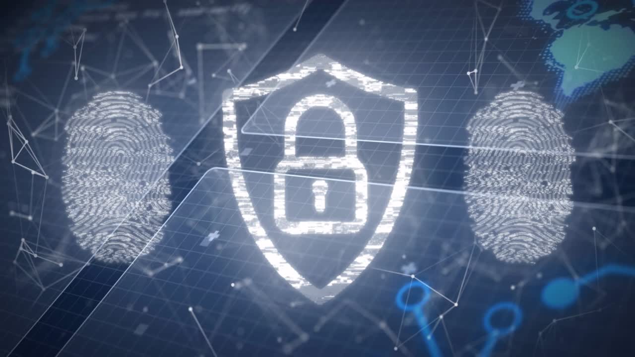 Particles coalescing, forming shield while padlock pulsing and fingerprints securing network