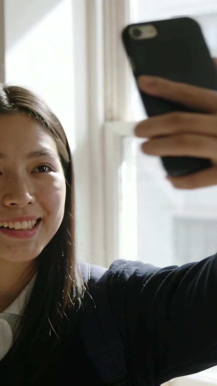 Video verticale: Adolescente asiatica che solleva il telefono e lo inclina vicino alla finestra per scattare un selfie, indossando un blazer scuro.