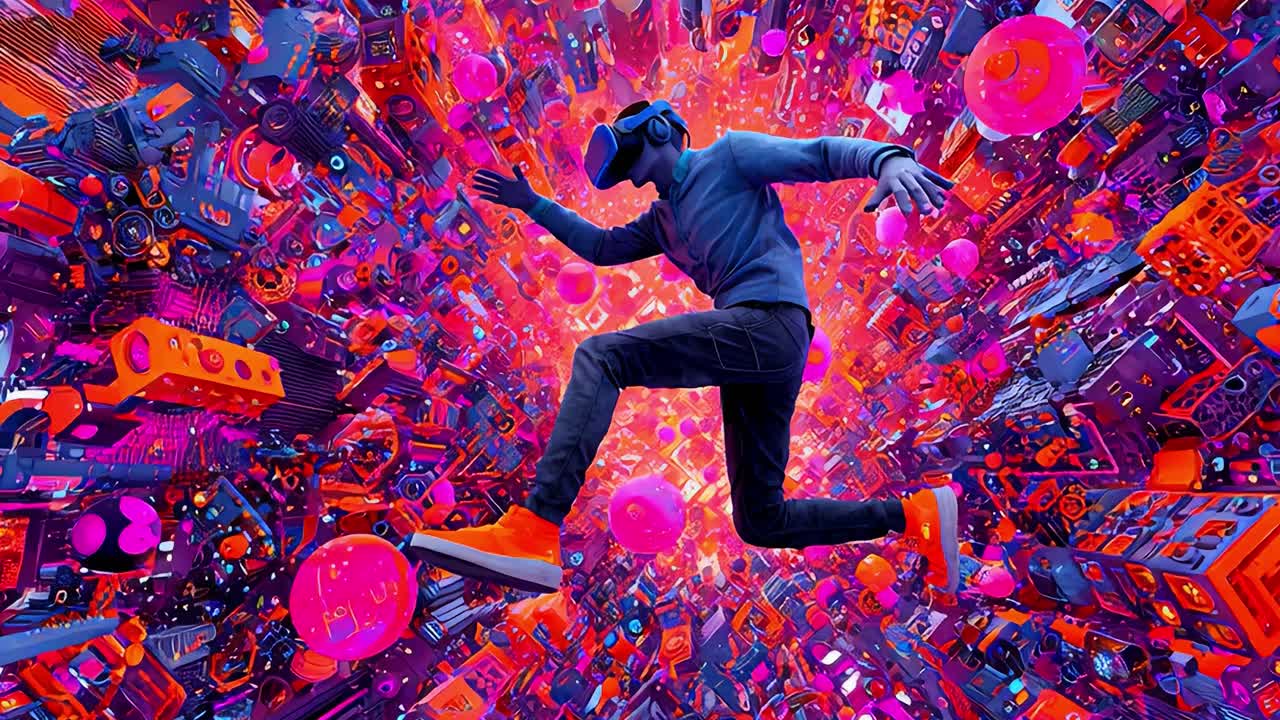 Immersive Virtual Reality Adventure: A Figure Dances Amidst a Kaleidoscopic Burst of Colorful Shapes and Sounds, Exploring the Depths of an Imaginary Digital Universe