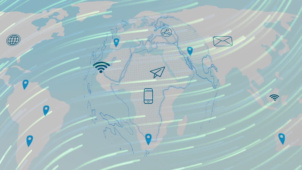Stylized world map displaying data streams, featuring location pins, Wi?Fi, messaging, share icons