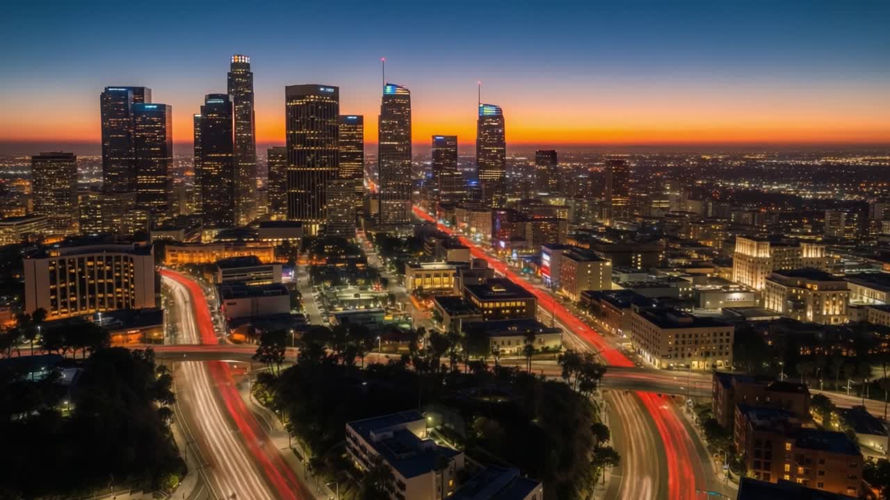 Vibrant City Skyline at Dusk with Streaking Traffic Lights