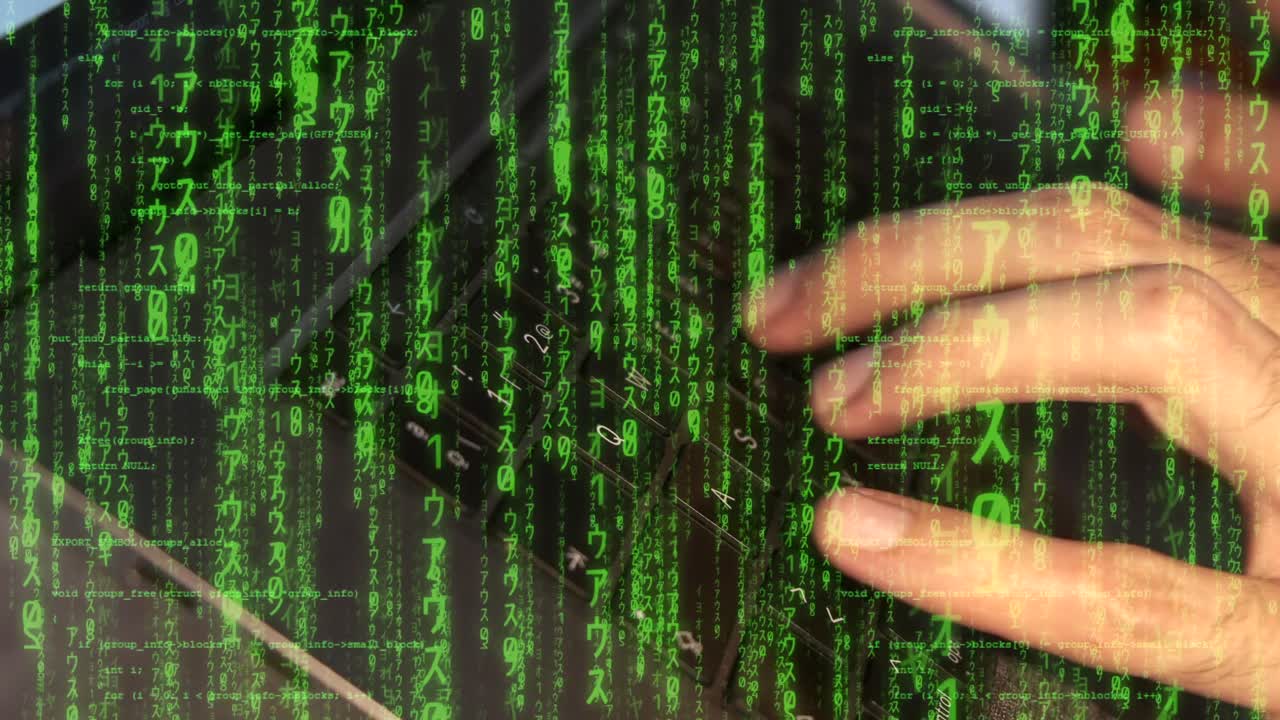 Hands typing with green Matrix-style code overlay. Cyber coding and hacker concept.