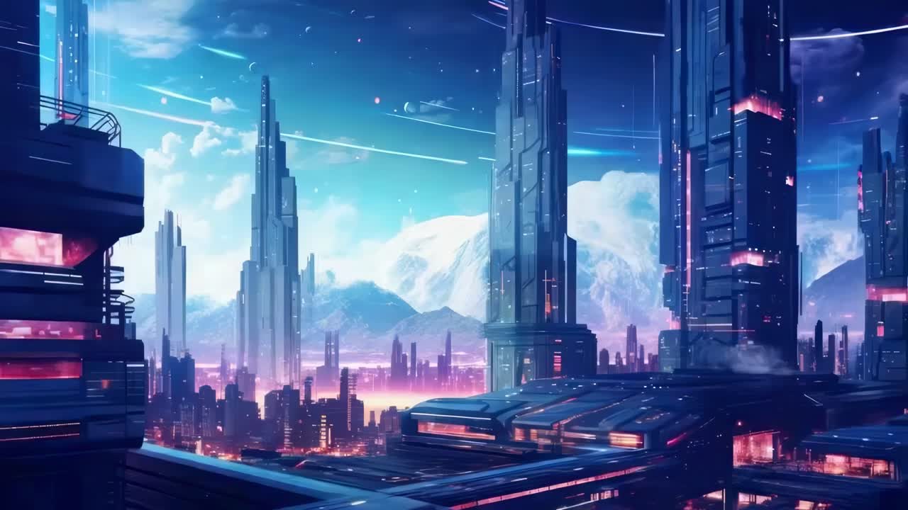 Paesaggio urbano futuristico con imponenti grattacieli sotto un cielo stellato, ripreso da una visuale dal basso