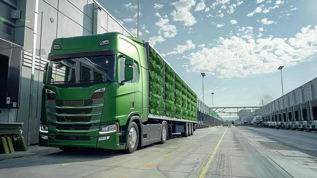 A green semi-truck with a trailer carrying a load of green plants or produce on an industrial road