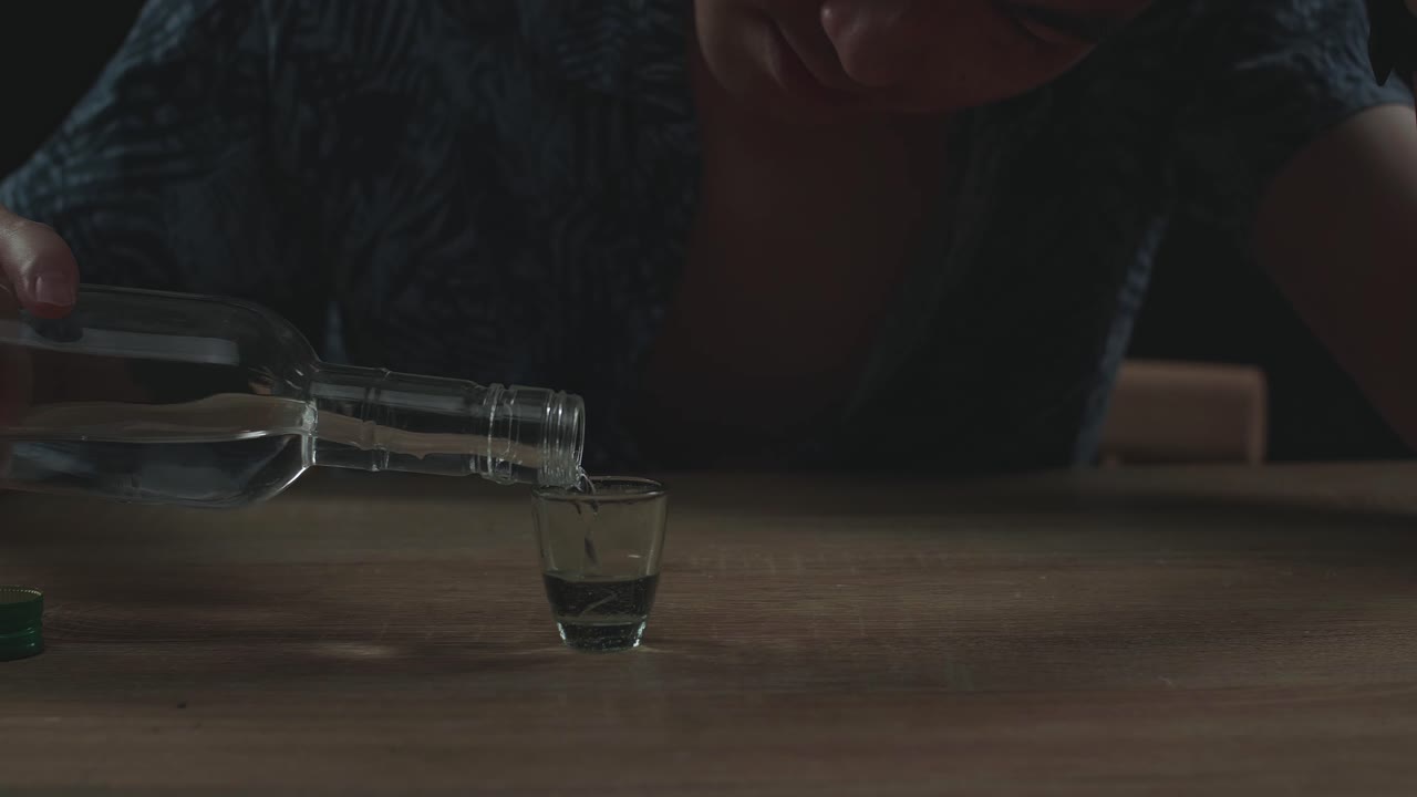 술에 취한 우울한 아시아 남자가 술을 마시기 전에 글라스에 보드카를 부어 주고, 검은 바탕에 테이블을 부러뜨리는 주먹을 사용합니다.