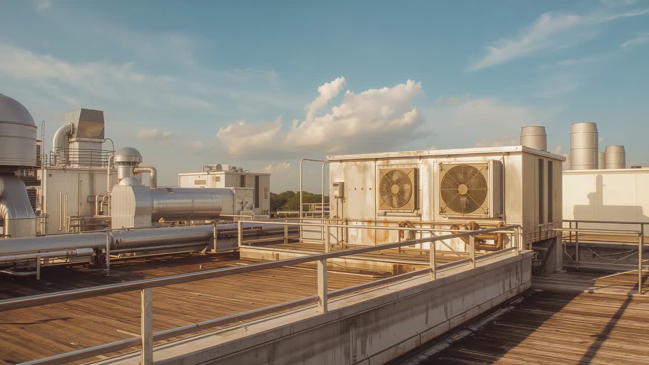 Nuvole in movimento, luce mutevole che proietta ombre di fine pomeriggio su un impianto di climatizzazione sul tetto e una passerella