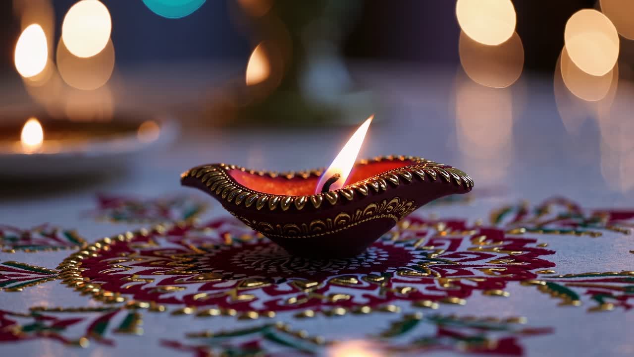 Primo piano, foto a livello degli occhi di un diya decorativo acceso su un rangoli colorato, che cattura un'atmosfera festosa