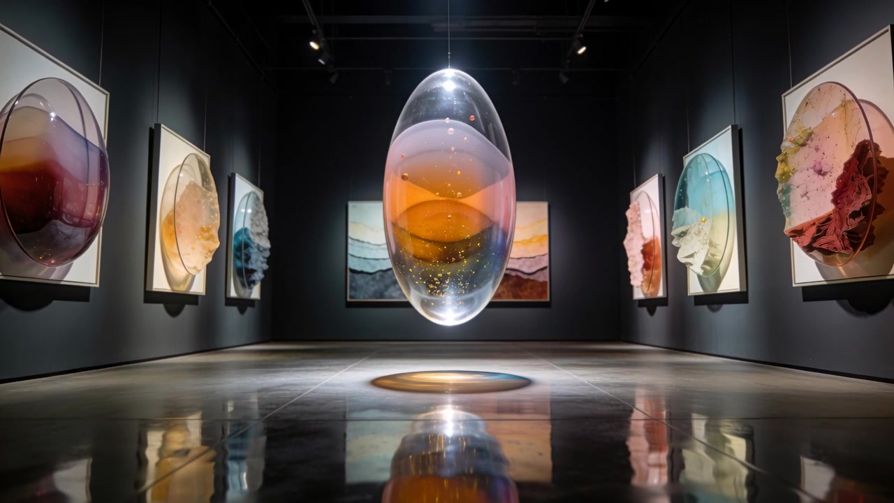 Rotating translucent orb oscillating in gallery, revealing bubbles, wire, shifting floor glow