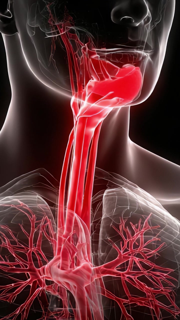 Visualizzazione anatomica del collo umano e del sistema respiratorio: esplorazione di vasi sanguigni e percorsi critici della parte superiore del corpo.