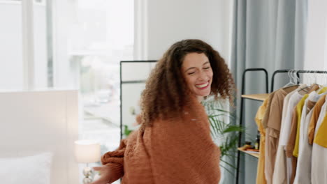 woman, home and happy dance in a living room