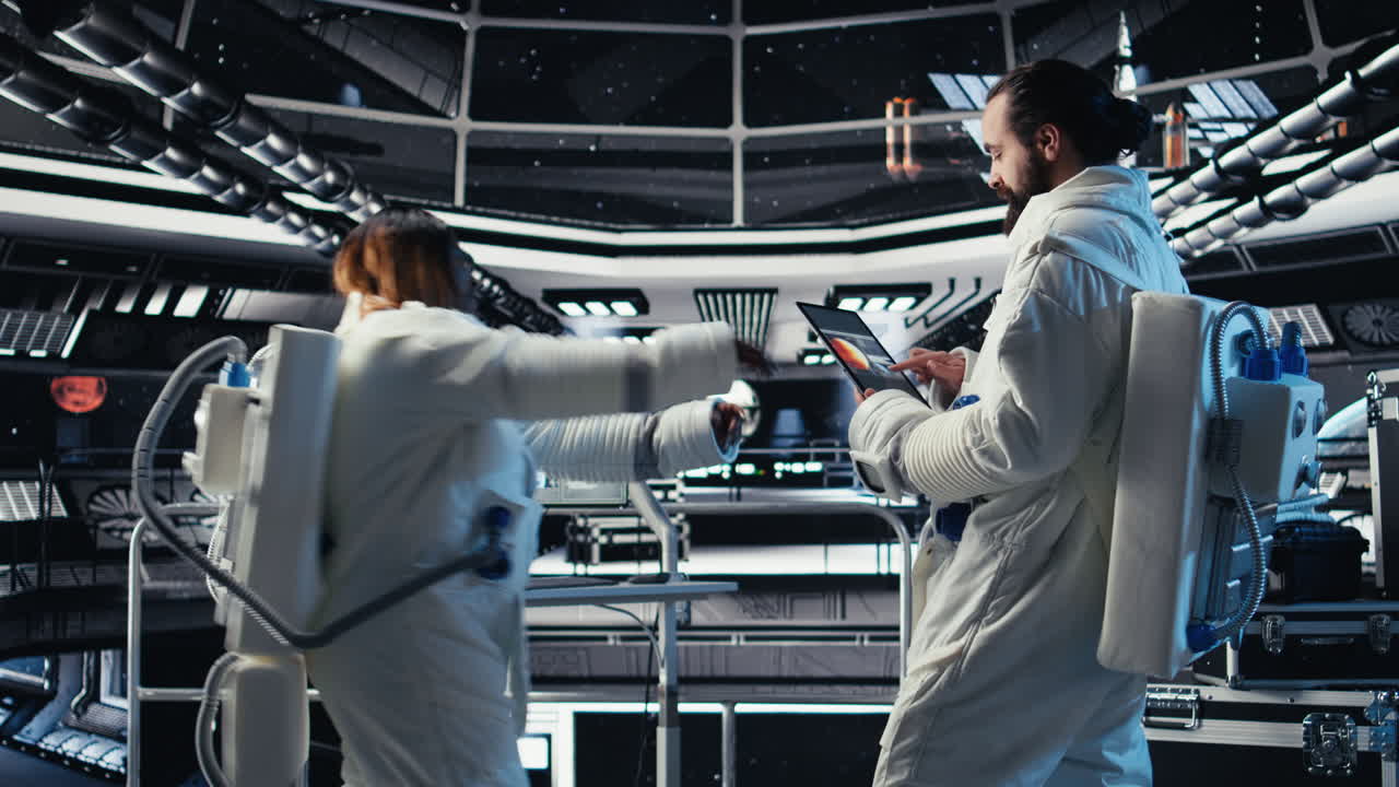 Team of astronauts in advanced technology spacecraft