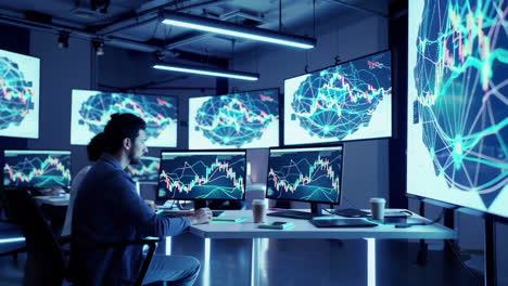 financial trading room with analysts