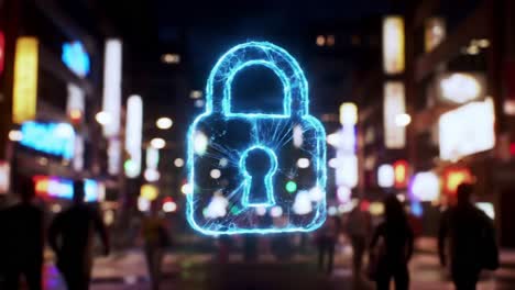 a futuristic lock symbol illuminated against a vibrant cityscape, representing digital security and protection in a technologically advanced urban environment