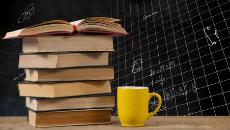 mug beside a pile of books and mathematical equations