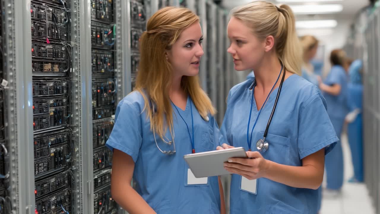 Due professionisti sanitari che collaborano su un dispositivo digitale in una sala server, evidenziando l'intersezione tra tecnologia e medicina nelle moderne pratiche sanitarie.