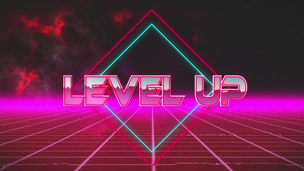 Animazione del testo 'level up' su nuvole e quadrati rossi