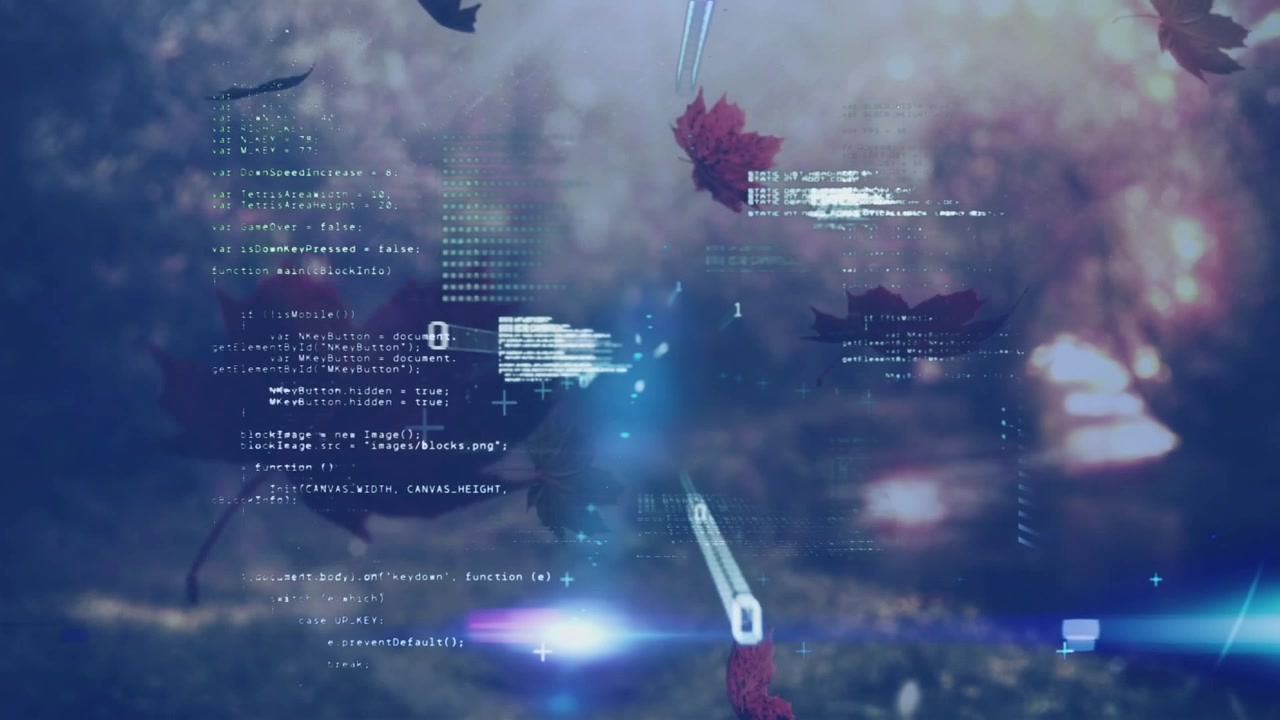 Digital Data Code Overlaying Falling Autumn Leaves in Forest