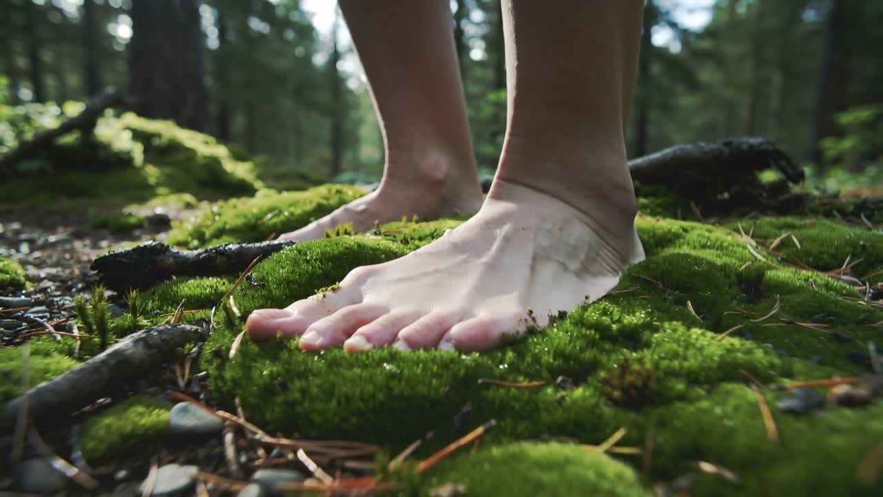 Placing forefoot, barefoot adult shifting weight onto moss-covered forest floor, stabilizing stance