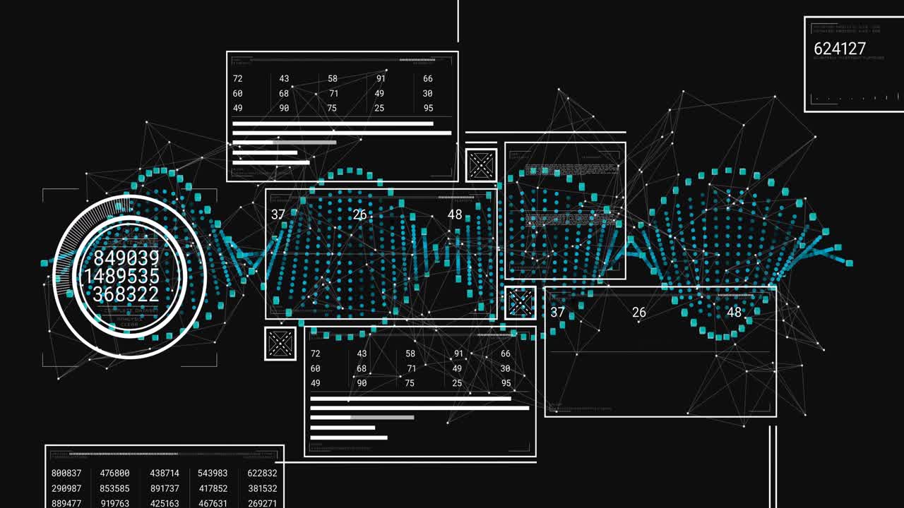 Wireframe network starting teal waveform sweeping panels, visualizing numeric data streams