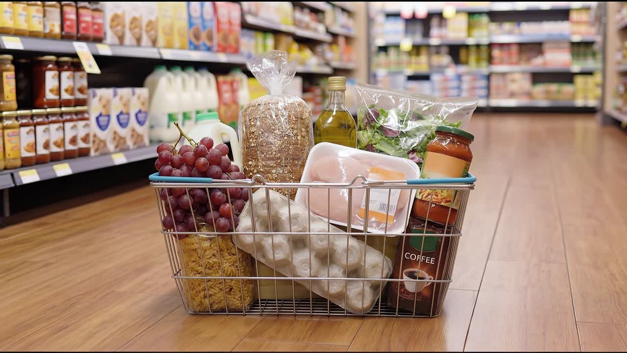 Volle boodschappenmand met verse voedingsproducten in een supermarktgandpad, die consumentenaankopen en huishoudelijke uitgaven vertegenwoordigt.