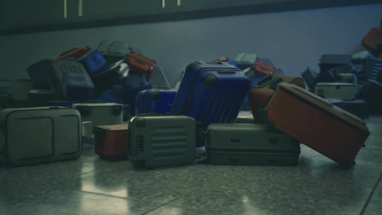 Brightly colored suitcases lay on floor amid subdued airport environment