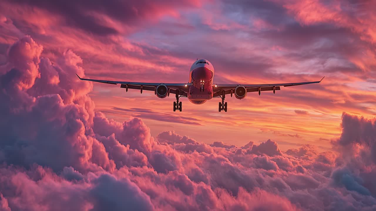Un maestoso aeroplano scivola tra le nuvole di un tramonto vivido, catturando l'essenza del volo su un cielo mozzafiato dalle tonalità rosa e viola.