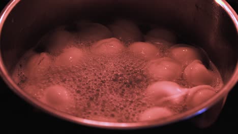 Pot-at-high-boil-in-dim-kitchen:-Pelmeni-dumplings-cooking-on-stove