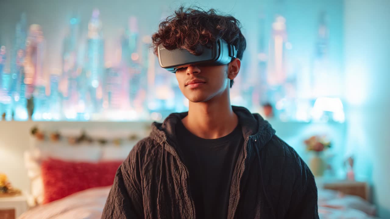 A Young Individual Engaged in an Immersive Virtual Reality Experience, Wearing a VR Headset While Surrounded by a Stylish Bedroom Aesthetic with Colorful Lighting and Modern Decor