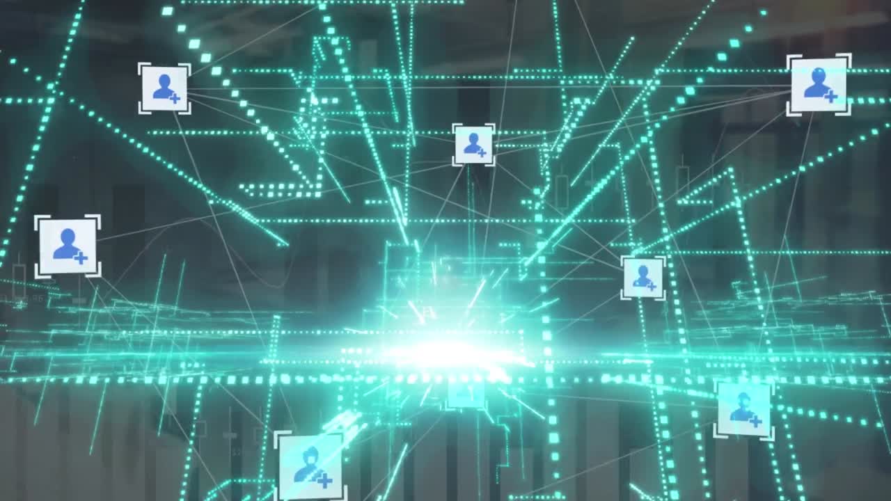 녹색 빛 트레일 및 프로파일 아이콘 네트워크의 애니메이션을 통계 데이터 처리